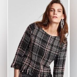 ZARA Basic Long Sleeve Tweed Boucle Top w/ Lace grey/pink/black Size S EUC
